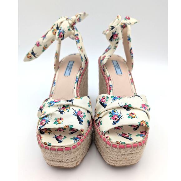Prada Floral Platform Wedge Espadrille Sandals Self-Tie Accent Size US7.5 EU37.5 - Picture 2 of 13